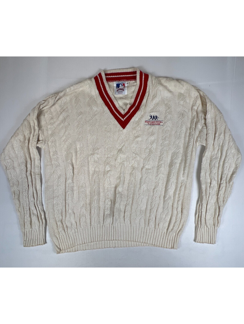 Vintage Nutmeg Men XL White MLB Alumni V-Neck Cable Knit Sweater Made in USA
